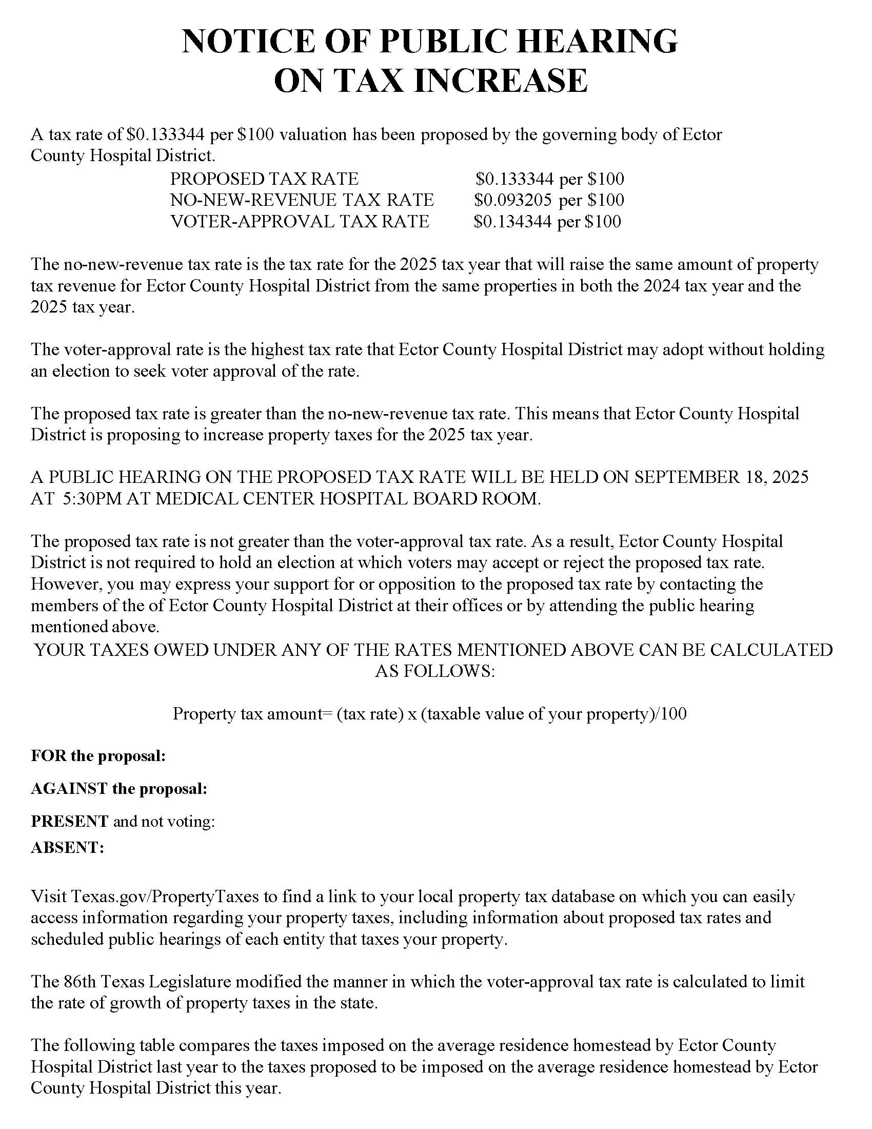 Notice of Public Hearing on Tax Increase